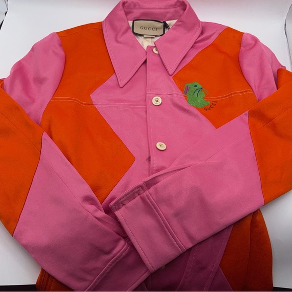 NEW RTW Gucci Pink Orange Embroidered Bunny Rabbit Logo Pique Shirt Jacket Sz S - Picture 4 of 16